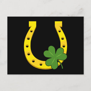 Lucky Golden Horseshoe mit Kleeblatt auf Schwarz Feiertagspostkarte
