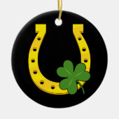 Lucky Golden Horseshoe mit Kleeblatt auf Schwarz Keramik Ornament (Vorne)