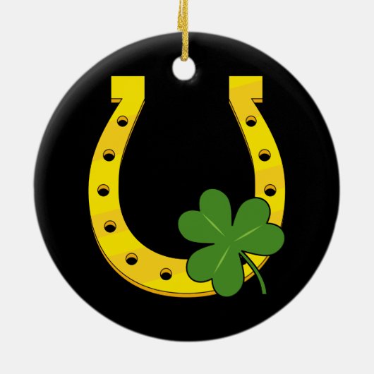 Lucky Golden Horseshoe mit Kleeblatt auf Schwarz Keramik Ornament (Hinten)
