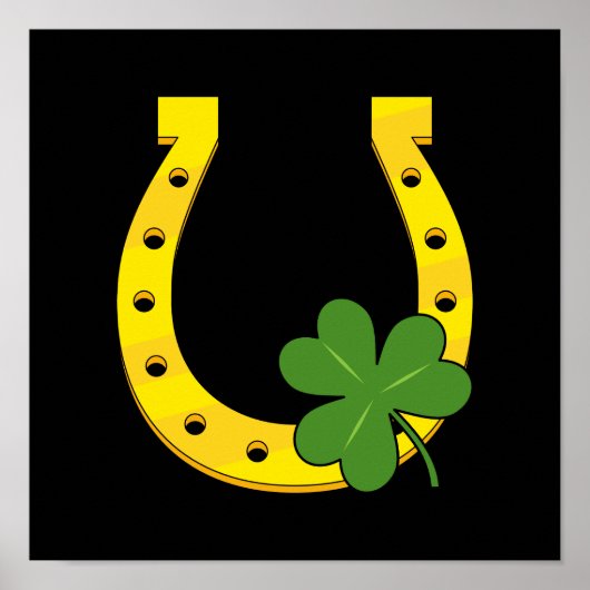 Lucky Golden Horseshoe mit Kleeblatt auf Schwarz Poster (Vorne)