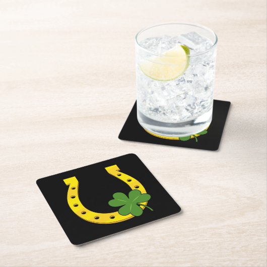 Lucky Golden Horseshoe mit Kleeblatt auf Schwarz Rechteckiger Pappuntersetzer (Vor Ort)