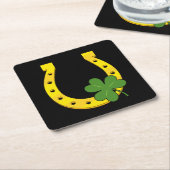 Lucky Golden Horseshoe mit Kleeblatt auf Schwarz Rechteckiger Pappuntersetzer (angewinkelt)