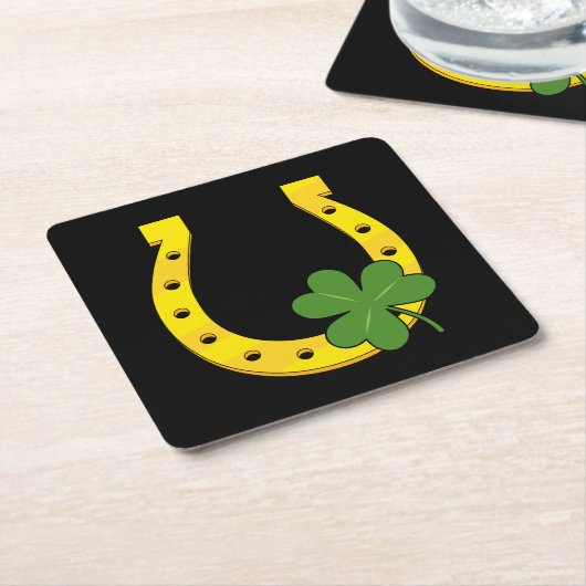 Lucky Golden Horseshoe mit Kleeblatt auf Schwarz Rechteckiger Pappuntersetzer (angewinkelt)