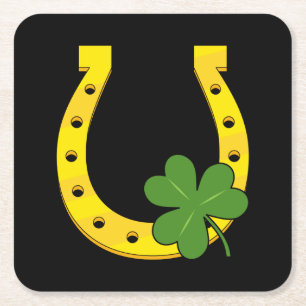 Lucky Golden Horseshoe mit Kleeblatt auf Schwarz Rechteckiger Pappuntersetzer