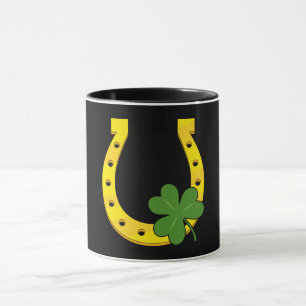 Lucky Golden Horseshoe mit Kleeblatt auf Schwarz Tasse