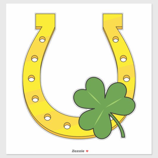 Lucky Golden Horseshoe mit Kleeblatt auf Weiß Aufkleber (Blatt)
