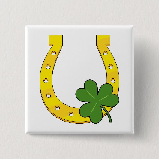 Lucky Golden Horseshoe mit Kleeblatt auf Weiß Button (Vorderseite)
