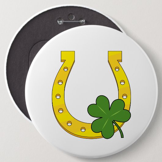 Lucky Golden Horseshoe mit Kleeblatt auf Weiß Button (Vorne & Hinten)