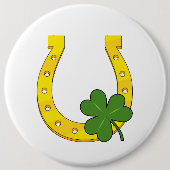 Lucky Golden Horseshoe mit Kleeblatt auf Weiß Button (Vorderseite)