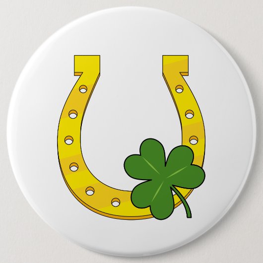 Lucky Golden Horseshoe mit Kleeblatt auf Weiß Button (Vorderseite)