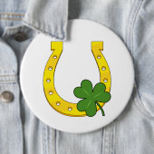 Lucky Golden Horseshoe mit Kleeblatt auf Weiß Button (Beispiel)