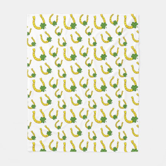 Lucky Golden Horseshoe mit Kleeblatt auf Weiß Fleecedecke (Vorderseite)