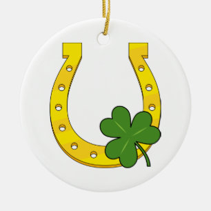 Lucky Golden Horseshoe mit Kleeblatt auf Weiß Keramik Ornament