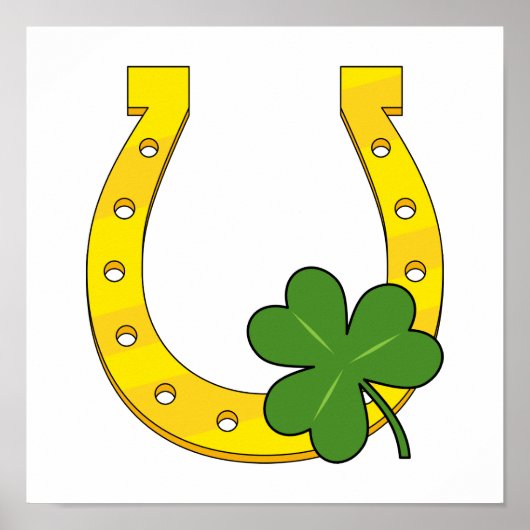 Lucky Golden Horseshoe mit Kleeblatt auf Weiß Poster (Vorne)