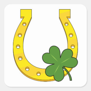 Lucky Golden Horseshoe mit Kleeblatt auf Weiß Quadratischer Aufkleber