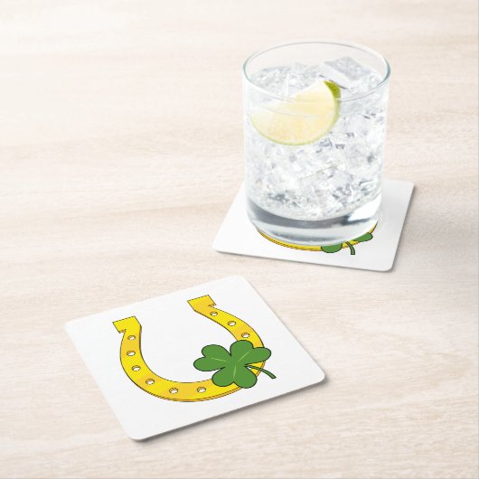 Lucky Golden Horseshoe mit Kleeblatt auf Weiß Rechteckiger Pappuntersetzer (Vor Ort)