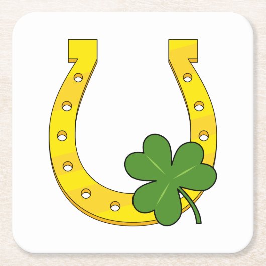 Lucky Golden Horseshoe mit Kleeblatt auf Weiß Rechteckiger Pappuntersetzer (Vorderseite)