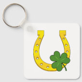 Lucky Golden Horseshoe mit Kleeblatt auf Weiß Schlüsselanhänger (Vorderseite)