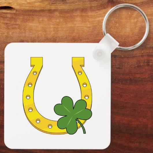 Lucky Golden Horseshoe mit Kleeblatt auf Weiß Schlüsselanhänger (Rückseite)