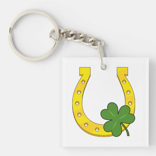 Lucky Golden Horseshoe mit Kleeblatt auf Weiß Schlüsselanhänger (Vorderseite)