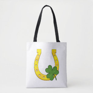Lucky Golden Horseshoe mit Kleeblatt auf Weiß Tasche