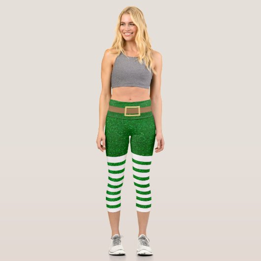 Lucky Green Glitzer Leprechaun St. Patrick's Day Capri Leggings (Vorderseite)