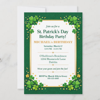 Lucky Green Gold Festive Shamrock Clover Birthday  Einladung