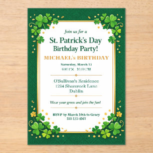 Lucky Green Gold Festive Shamrock Klee Geburtstag  Acryleinladungen