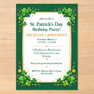 Lucky Green Gold Festive Shamrock Klee Geburtstag Acryleinladungen