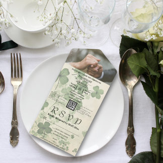 Lucky Green Kleeblatt auf Creme QR Code Foto All In One Einladung