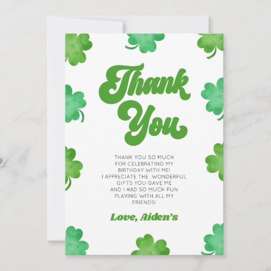 Lucky Green Shamrock Clover Birthday Party Dankeskarte (Vorderseite)