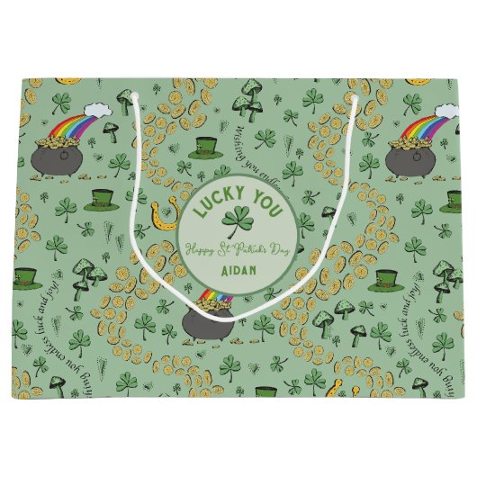 Lucky Green St Patricks Day Luck & Joy Custom Große Geschenktüte (Vorderseite)