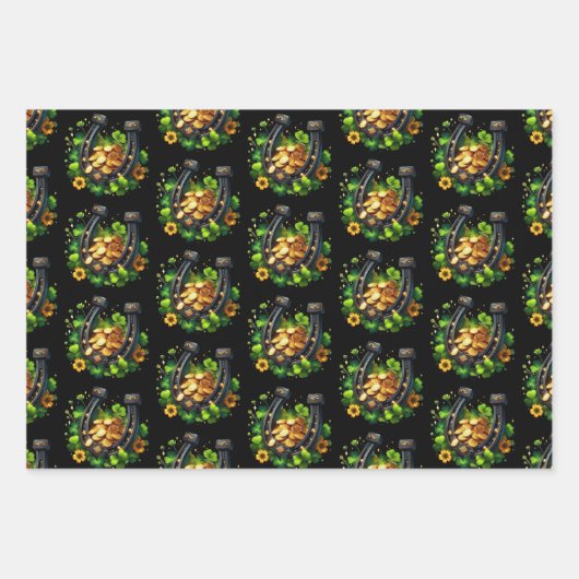 Lucky Horseshoe Gold Coins und Clover Pattern Geschenkpapier Set (Vorderseite)