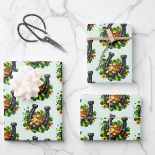 Lucky Horseshoe Gold Coins und Clover Pattern Geschenkpapier Set