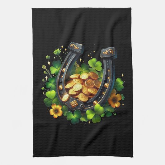Lucky Horseshoe Goldmünzen und Klee Geschirrtuch (Vertikal)