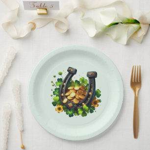 Lucky Horseshoe Goldmünzen und Klee Pappteller