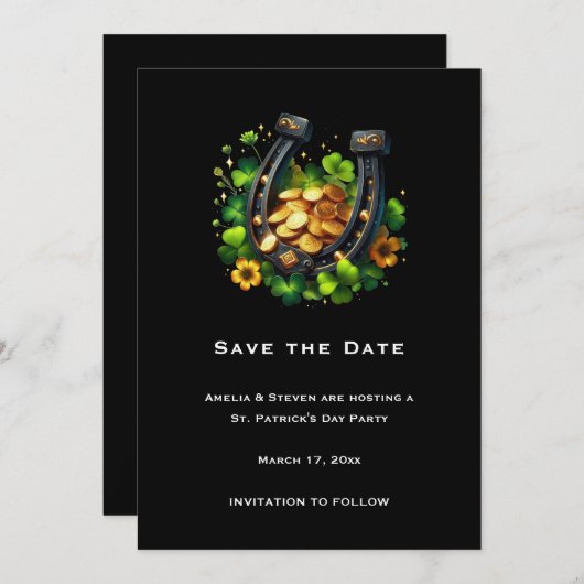 Lucky Horseshoe Goldmünzen und Klee Save The Date (Vorne/Hinten)