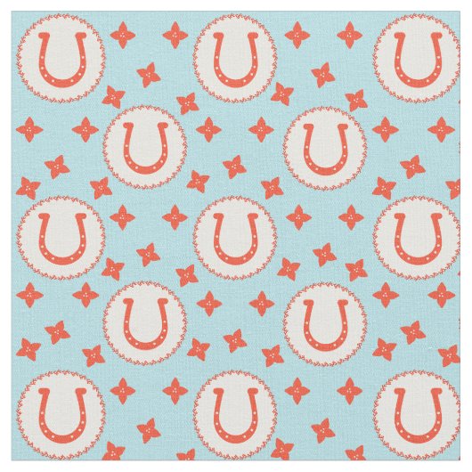 Lucky Horseshos Muster Light Blue und Orange Stoff (Nahaufnahme)