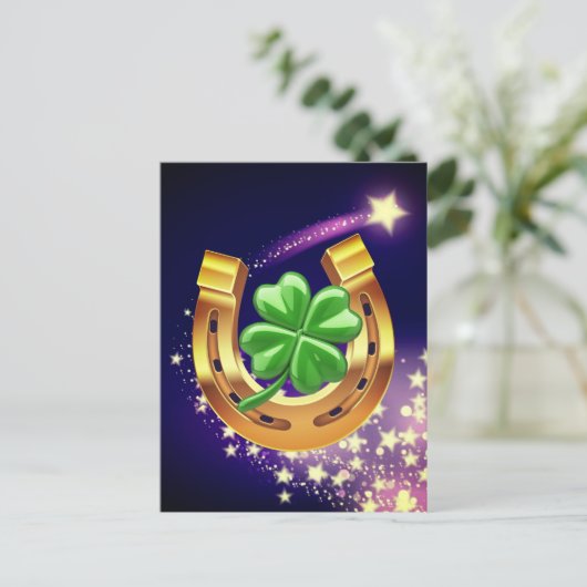 Lucky Hufeisen 4 Blatt Klee Schießstar lila Postkarte (Stehend Vorderseite)