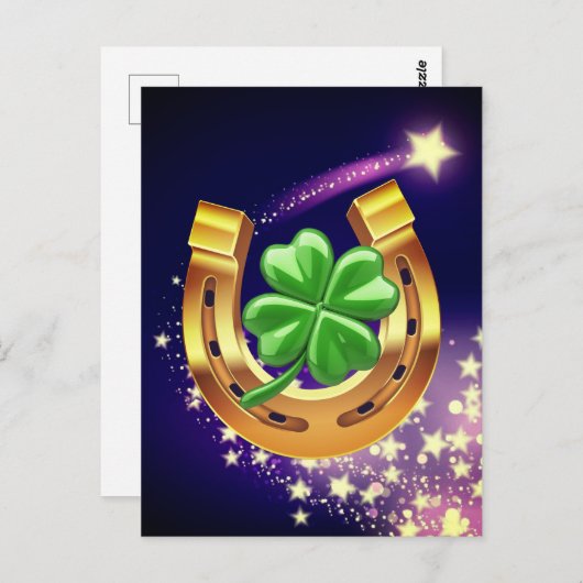 Lucky Hufeisen 4 Blatt Klee Schießstar lila Postkarte (Vorne/Hinten)