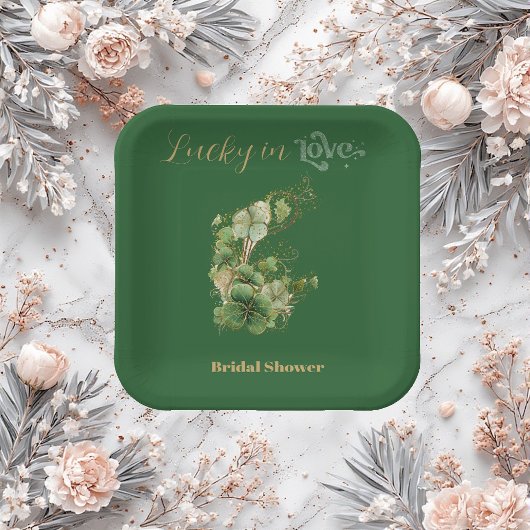  Lucky in Love Gold Glitter Shamrock Bridal Shower Pappteller