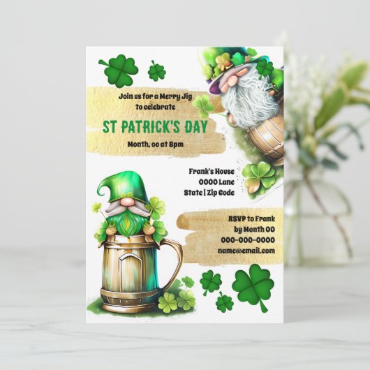 Lucky Irish Bierleprechaun Gnome Kleeblatt Klee Einladung (Stehend Vorderseite)