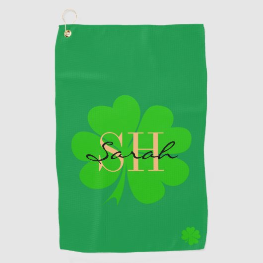 Lucky Irish Clover & Kleeblatt mit Monogramm / Gol Golfhandtuch (Vorderseite)