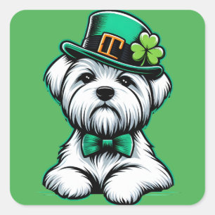 Lucky Irish Kleeblatt Maltese Dog St Patricks Day Quadratischer Aufkleber