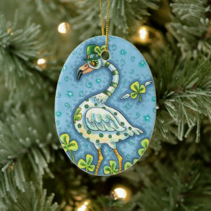 LUCKY IRISH POLKA DOT FLAMINGO, FUNNY BIRD 2021 KERAMIK ORNAMENT