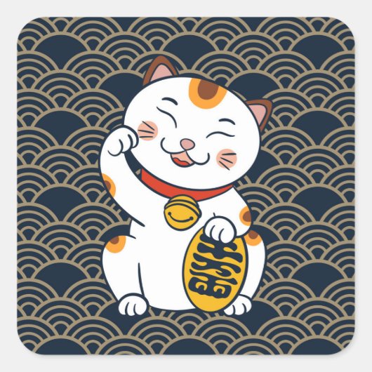 Lucky Japanisch Calico Cat | Maneki Neko Quadratischer Aufkleber (Vorderseite)
