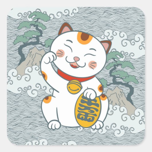 Lucky Japanisch Calico Cat | Maneki Neko Quadratischer Aufkleber (Vorderseite)