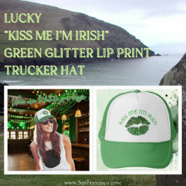 Lucky "Kiss Me I'm Irish" Green Glitzer Lip Print Truckerkappe