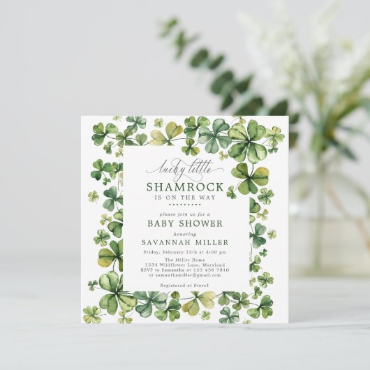 Lucky Kleeblatt Spring 4 Leaf Clover Baby Dusche Einladung (Stehend Vorderseite)