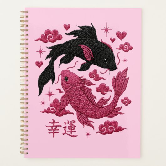 Lucky Koi Yin-Yang Embroidery | Black & Pink Aesth Planer (Vorderseite)